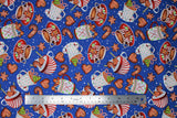 Flat swatch Hot Drinks fabric (blue fabric with tossed hot christmas themed drinks in decorative mugs, tossed decorated gingerbread cookies, etc.)