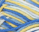 Sunkissed Ombre (bright blue, soft yellow, pale blue, white) variegated swatch of Bernat Handicrafter Cotton