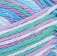 Beach Ball Blue (bright blue, bright green, white, soft violet) variegated swatch of Bernat Handicrafter Cotton
