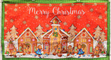Full panel swatch - Merry Christmas Panel (23" x 45") (red rectangular panel with green border, "Merry Christmas" text with 5 gingerbread houses, tossed gingerbread men and women, cookie trees and stars, etc.)