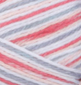 Swatch of Bernat Softee Baby yarn in shade princess pebbles (white, baby pink, hot pink, light purple colourway)