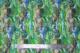 Flat swatch creek fabric (small repeated creek scene allover - green trees, green moss surrounding flowing blue river, brown and grey rocks, tiny light blue unicorn/horse silhouettes throughout)