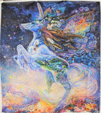 Full panel swatch unicorn lady panel (dark blue/purple night sky background with tiny white star dots and small coloured planet dots, large blue unicorn shape bucked up with angelic looking blue woman face beside unicorn's. Some tossed floral and floral and feathers within woman's hair)