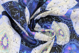 Swirled swatch astrology chart fabric (dark purple and black marbled fabric with circular astrology charts with light purple gas in center and geometric look stars, white circular astrology charts with purple suns in center)