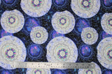 Flat swatch astrology chart fabric (dark purple and black marbled fabric with circular astrology charts with light purple gas in center and geometric look stars, white circular astrology charts with purple suns in center)