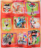 Full panel swatch animal panel (marbled light and dark orange fabric in large rectangular vertical panel. 9 assorted frames in bright colours-3 on each row-showcase animals and floral. Cat, pig, giraffe, ostrich, koala, goat, zebra, squirrel, elephant)