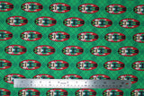 Flat swatch Nutcrackers fabric (green and subtle black diagonal plaid fabric with red oval badges with green nutcrackers within)