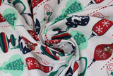 Swirled swatch Ornaments fabric (white fabric with bulb and carrot shaped christmas ornaments allover in green, red and navy with christmas related graphics: deer, santa heads, holly, trees, etc.)