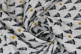 Swirled swatch Trees fabric (white fabric with diagonal lines of black triangle tree silhouettes with tossed gold sparkle stars)