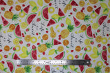 Flat swatch Fruit Toss fabric (white fabric with tossed summer fruits allover and "life is sweet" text)