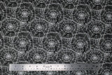 Flat swatch Webs fabric (grey marbled look fabric with white spider webs allover and black spiders and bats with black "BOO!" text)