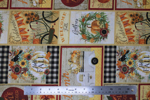 Group swatch assorted Happy Fall themed fabrics in various styles/colours