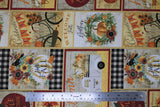 Flat swatch Patchwork fabric (pale yellow fabric with rectangular and square fall/autumn themed patches with fall related text and graphics "Welcome Fall" "Gather" etc. pumpkins, floral, bikes, etc.)