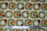 Flat swatch Wreath fabric (white fabric with green leafy wreaths allover with yellow and orange accent leaves, red sunflower look floral and white and orange pumpkins)
