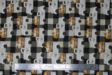 Flat swatch Truck fabric (white and black buffalo check fabric with small white trucks with pumpkins in the bed and "Harvest" text on truck side)