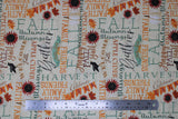 Flat swatch Words fabric (cream fabric with fall related text and emblems allover in various directions following the colourway: red, orange, black, teal, gold, brown. Words like: Fall, Autumn, Blessings, etc. and graphics like red floral, orange leaves, black birds, etc.)