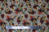 Flat swatch Flowers fabric (grey/beige subtle vertical barnboard look fabric with busy clustered floral tossed in yellow and red sunflowers with greenery and orange leaves and berries)