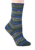 Berroco Comfort Sock yarn swatch (sock on foot) shade Beach House (deep shades of blue and grey with white and mustard green)