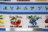 Flat swatch berry print fabric in striped berries
