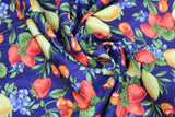 Swirled swatch berry print fabric in berries dark blue