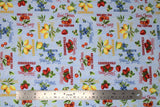 Flat swatch berry print fabric in freshly squeezed & picked light blue