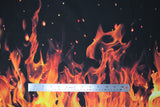 Flat swatch flames fabric (black fabric with large orange and yellow realistic look flames along bottom)