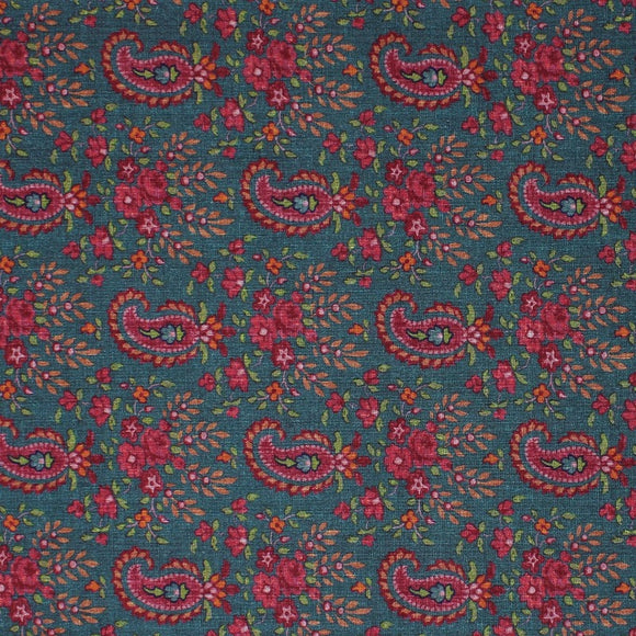 Square swatch English Autumn fabric (faded denim coloured fabric with deep pink/fuchsia paisley floral pattern with greenery)