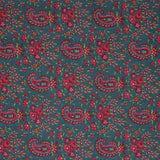 Square swatch English Autumn fabric (faded denim coloured fabric with deep pink/fuchsia paisley floral pattern with greenery)