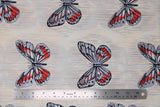Flat swatch butterflies printed fabric (off white fabric with subtle grey and yellow stripe effect and medium silver, black, and red butterflies)