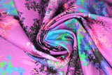 Swirled swatch bright floral print in orchid (bright medium purple fabric with large floral head splashes in navy/blue/turquoise/lime/pink)