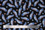 Flat swatch emergency services themed print fabric in police (black fabric with white/blue/red police cars and lit cherries)
