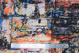 Flat swatch orange multi fabric (abstract paint look fabric on white in black, yellow, orange, pink with various textures, shapes and circles)