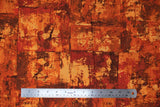 Flat swatch orange fabric (abstract paint look fabric on orange in light to dark yellow and orange shades with various textures, shapes and circles)