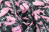 Swirled swatch pointe shoes black fabric (black fabric with tossed pink pointe shoes, faded white and black musical notes and staffs, bows and ribbon in pink and white with a subtle sparkle look)