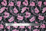 Flat swatch pointe shoes black fabric (black fabric with tossed pink pointe shoes, faded white and black musical notes and staffs, bows and ribbon in pink and white with a subtle sparkle look)