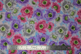 Flat swatch Pink/Purple/White fabric (sky blue fabric with tossed large floral heads in white, pink, and purple with green and yellow centers)