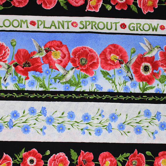 Square swatch poppie meadows fabric (medium thick black stripes with red poppies and greenery, thin white stripe with 