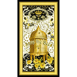 Full panel swatch - Save the Bees Panel (24" X 44") (gold framed panel with black rectangle border - intricate swirly leaf and floral designs allover with a large standing beehive in center with "Save the Bees" in large text)