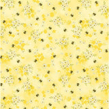 Floral Toss Yellow fabric swatch (pale yellow marbled look fabric with tossed yellow and white floral clusters, yellow floral silhouettes and tossed bees)