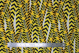 Flat swatch Caution Stop fabric (white fabric with wrapped look caution tape in yellow with black markings and "Stop" "Caution" text)