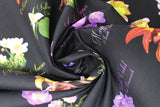 Swirled swatch Provincial Flowers fabric (black fabric with colourful realistic look provincial flowers allover with descriptions/labels)