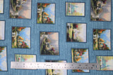 Flat swatch church squares fabric (pale blue fabric with pale white/light blue deconstructed lord's prayer text allover and square/rectangle photo illustrations of churches with blue frames)
