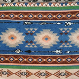 Square swatch southwest print fabric (striped pattern with geometric shapes, arrows, and feathers with a blue/brown/green/beige colourway)