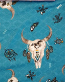 Square swatch southwest print fabric (bright blue/aqua fabric with subtle white cross pattern and tossed southwest emblems animal skull, feathers, dream catchers, turtles all in a white/aqua/yellow colourway)