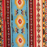 Square swatch southwest print fabric (striped pattern with geometric shapes, arrows, and feathers with an aqua/yellow/red/brown colourway)