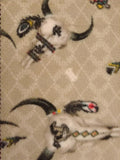 Square swatch southwest print fabric (tan fabric with subtle white cross pattern and tossed southwest emblems animal skull, feathers, dream catchers, turtles all in a white/red/yellow colourway)