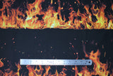 Flat swatch fire stripes fabric (black fabric with lines/stripes of realistic looking orange and yellow flames)