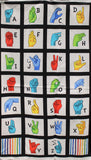 Full panel swatch Sign Language Panel (25x45) (black panel with white squares for each letter of alphabet showing with corresponding ASL hand sign in blue, green, purple, yellow, red colours assorted)