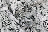 Swirled swatch Avenger Sketch fabric (collaged sketched Marvel comic book style graphics with "Marvel" text badges tossed allover graphics)