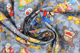 Swirled swatch Mario fabric (light and dark grey camo/distressed look fabric with tossed full colour characters Mario and assorted enemies goombas, turtles, boos, etc. with tossed gold coins)